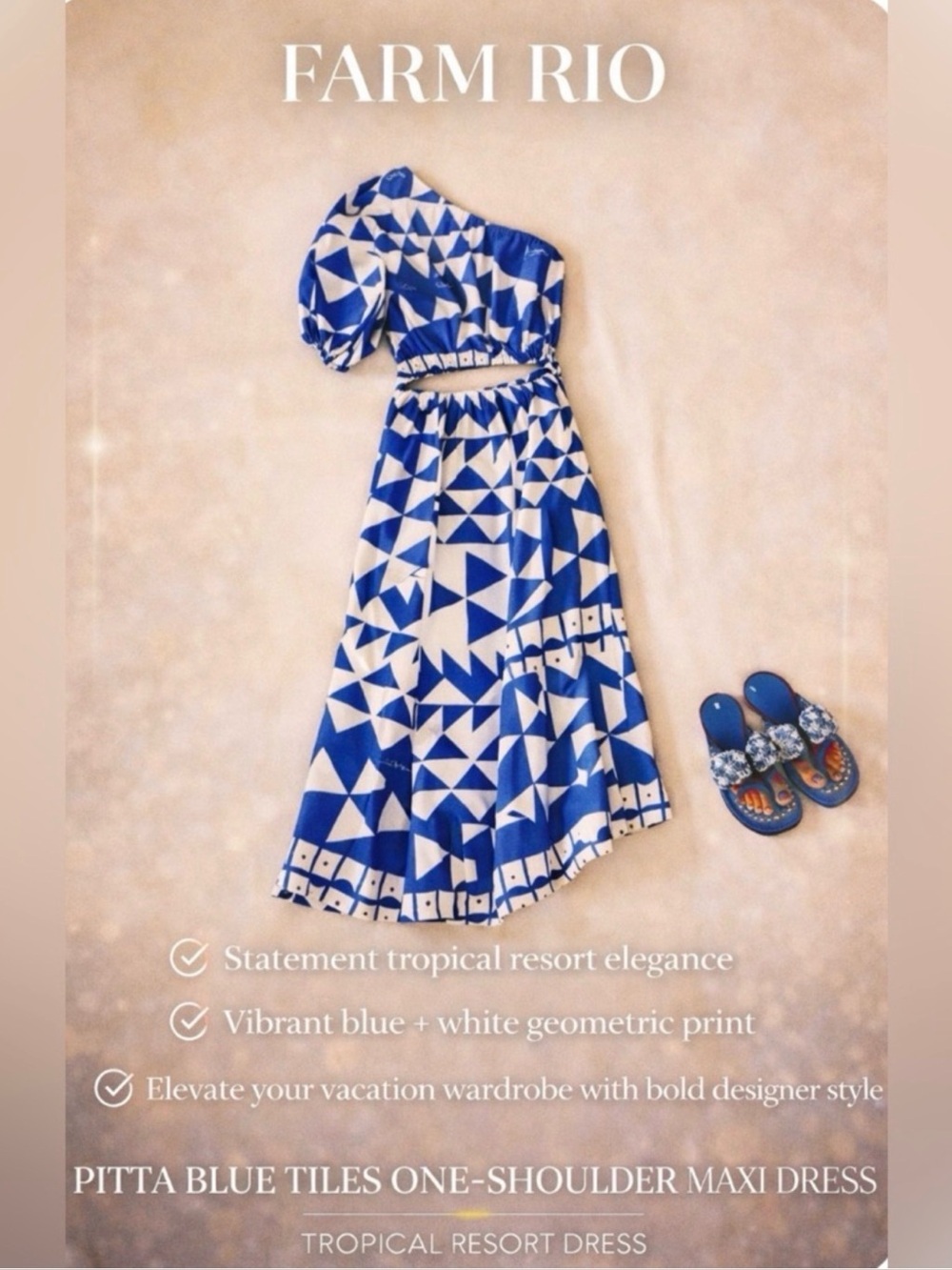 Farm Rio Blue Tiles One Shoulder Maxi Dress J Lo Miami Resort Luxe - Picture 13 of 14